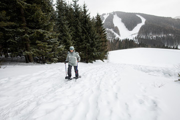 Fototapeta na wymiar Wandern mit Schneeschuhen vor Wald