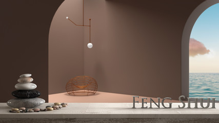 Wooden vintage table shelf with pebble balance and 3d letters making the word feng shui over blurred empty space with arched window, copper armchair, lamp, zen concept interior design