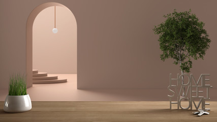 Wooden table, desk or shelf with potted grass plant, house keys and 3D letters making the words home sweet home, over empty space, staircase and tree, interior design, blur background
