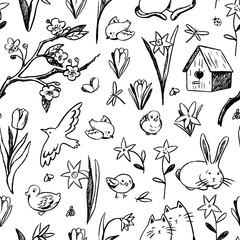 Vector graphic seamless pattern. Spring theme background. Black doodles drawing. Cute animals, insect, blooming branch, plants sketches. Funny wallpaper for design, wrapping, fabric, website, prints.