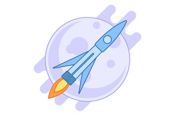 Flat style spaceship flying in the sky with a planet or satellite background. Cartoon style illustration isolated on white background.