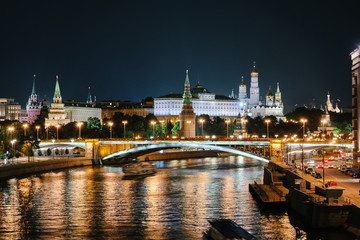 MOSCOW, RUSSIA - AUGUST, 2019: Kremlin view from Patriarshii bridge at winter night in Moscow, Russia.