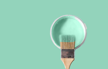 The brush in the paint color of neo mint and the can with paint color neo mint on neo mint...