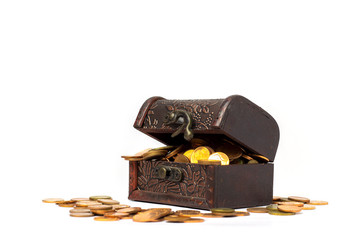 Treasure chest full of old gold coins. The coin overflowed. Isolated on a white background. Color Range.