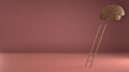 Step ladder leading to human floating brain on pink background. Growth, future, development, creativity, intelligence concept idea. Minimal composition mockup with copy space