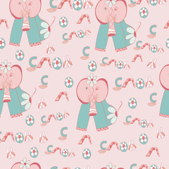 Seamless pattern with cute elephants on a powdery stylish background. Illustration for printing on paper and fabric.