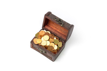 Treasure chest full of old gold coins. The coin overflowed. Isolated on a white background. Color Range.