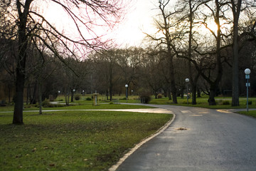 Green spring park with paths and bike paths. Infrastructure. Place for rest and entertainment. Nature. Background.