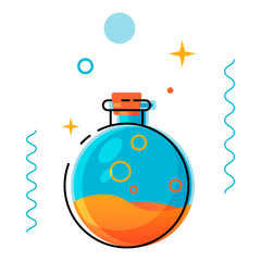 Illustration of a flat-style chemical flask, experiments and research.