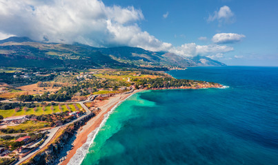 Naklejka premium View from flying drone. Splendid morning view of popular italian destination - Guidaloca beach, Scopello location, Sicily, Europe. Sunny spring seascape of Mediterranean sea, Italy.