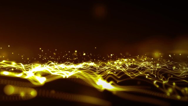 Digital Gold Particles Wave and light abstract background with shining floor particle stars dust flar. Futuristic glittering Luxurious golden sparkling on black background.