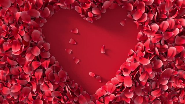Realistic 3D animation of red petals with moving to create heart copy space background. Floral Valentine's Day or wedding backdrop. 4k reactive fresh concept.