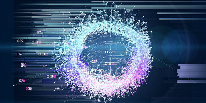 Abstract Futuristic Concept Of Spherical Algorithm Analysis.  Quantum Virtual Cryptography. Business Visualization Of Artificial Intelligence. Blockchain. Big Data.