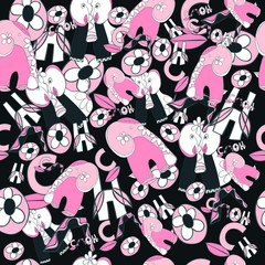 seamless pattern with cute pink elephants on a dark background