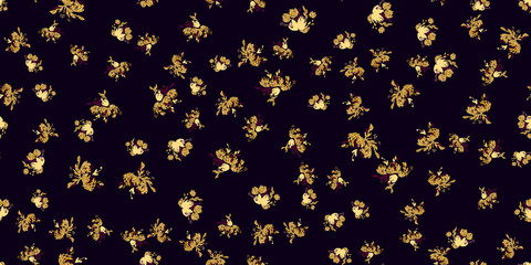 Gold flowers background. glitter textured seamless pattern with flowers bouquet