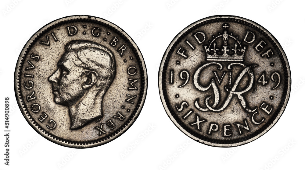 Wall mural english six pence coin from 1949 on a white background