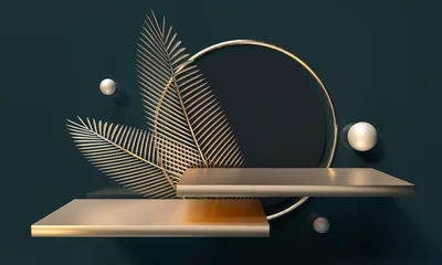 Sockel, Regal und Nische. Palmenblätter lassen Goldglitter. 3D-Darstellung. Podiumsstufen für Markenförderungsprodukte. Kreativer Hintergrund für die Werbepräsentation. Ständermodell. © amecold