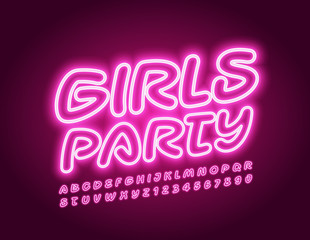 Vector pink poster Girls Party with Neon Font. Glowing Alphabet Letters and Numbers