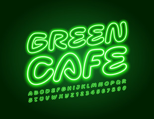 Vector electric logo Green Cafe. Neon bright Font. Illuminated Alphabet Letters and Numbers