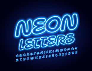 Vector Blue Neon Alphabet Letters and Numbers. Electric glowing Font