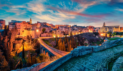 Fantastic spring dawn on Gravina in Puglia tovn. Attractive morning landscape of Apulia, Italy, Europe. Traveling concept background.