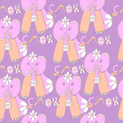 Seamless pattern with cute pink elephants on a powdery stylish background.