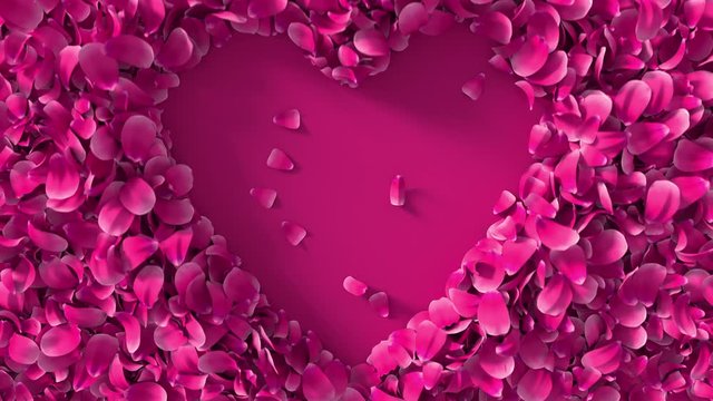 Realistic 3D animation of pink petals with moving to create heart copy space background. Floral Valentine's Day or wedding backdrop. 4k reactive fresh concept.