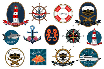 Set of vector images, marine emblems. Lighthouse, yacht, helm, anchor, skull. Design elements for prints, cards, tattoos.