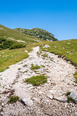 Hiking path with red, white marking stone to mountain Hochobir