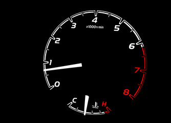 Side view of simple tachometer,  RPM gauge, displaying under 1000 RPM. Close up of modern illuminated vehicle dashboard with temperature indicator. Car detailing.