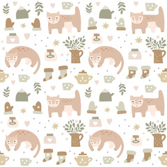 Hand drawn seamless pattern. Cozy winter characters and graphic elements. Cat, tea pot, cup, hot drink, jam, socks, gloves. Christmas background fill, wrapping paper in flat style. Holidays, comfort