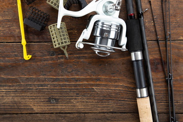 Fishing flat lay background with a copy space.