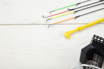 Fishing flat lay background with a copy space.