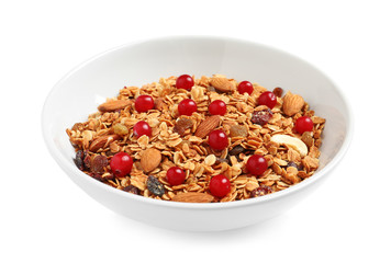 Tasty granola with cranberries isolated on white. Healthy breakfast