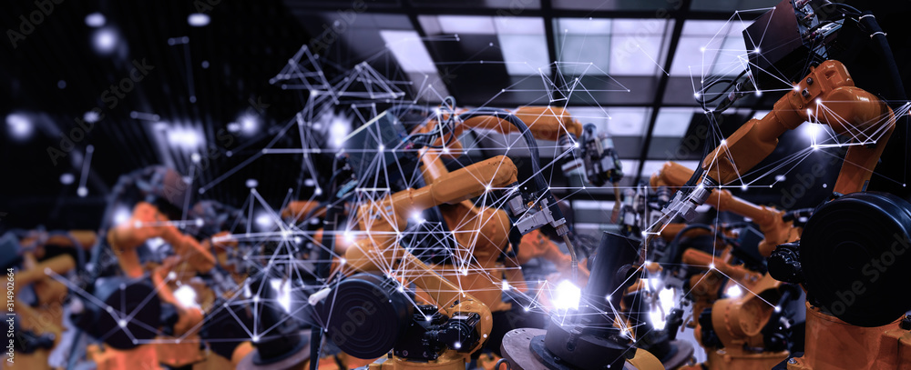 Poster Future factory concept with automation robot arms machine in intelligent factory industrial on real time monitoring system software.Digital future manufacture.