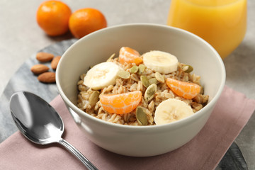 Tasty healthy breakfast served on table, closeup