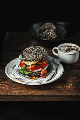 Burger Cup coffee tea Breakfast lunch dinner black background