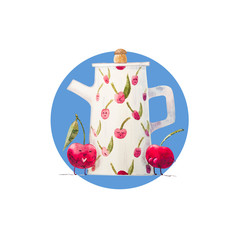 Composition with cherry teapot and cherries