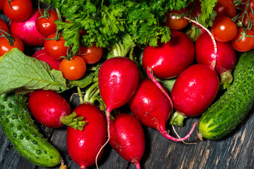 fresh seasonal vegetables on wooden background, closeup top view
