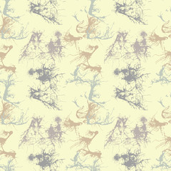 Ink blots abstract seamless pattern on ocher background. Hand drawn vector illustration.