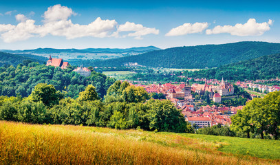 Obraz premium Attractive morning cityscape of Sighisoara. Magnificent summer view of medieval town of Transylvania, Romania, Europe. Traveling concept background.