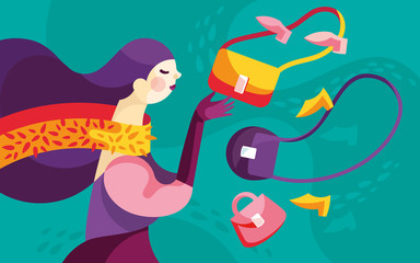 Woman picks up accessories for her outfit - handbag and shoes. Colorful vector illustration in flat style. Shopping.