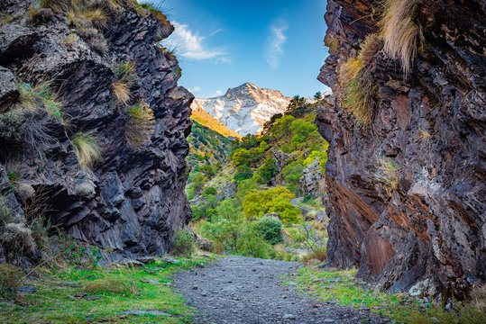 Vereda de la estrella in autumnG&uuml;&eacute;jar-Sierra, Spain - October 27, 2019. Beautiful view from the hiking trail Vereda de la Estrella in the natural park of Sierra Nevada.