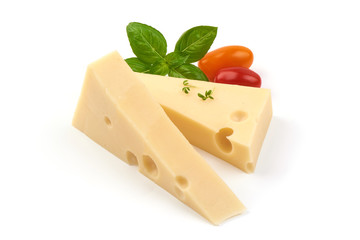Emmental cheese triangle, Swiss cheese, isolated on white background