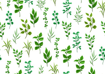 Seamless pattern of sprigs with green leaves.
