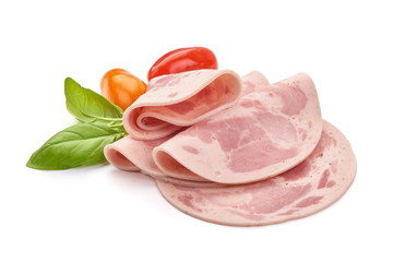 Sliced boiled ham sausage, isolated on white background