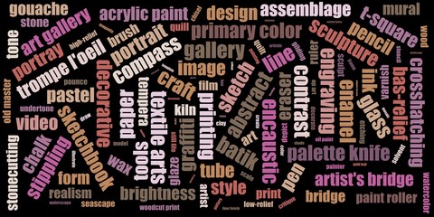 Tag cloud abstract illustration. Terms - art. Colors: shadow, outer space, gray, beaver, manatee.