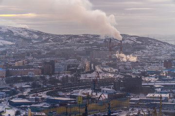 Winter views of the city and the Kola Bay from high hills in the vicinity of Murmansk.