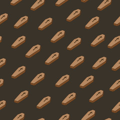 Seamless repeat coffin pattern isolated on a dark brown background