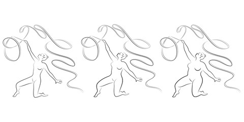 Collection. Silhouette of a cute lady, she is engaged in rhythmic gymnastics with a ribbon. The woman is overweight and slender girl athlete. Vector illustration set.